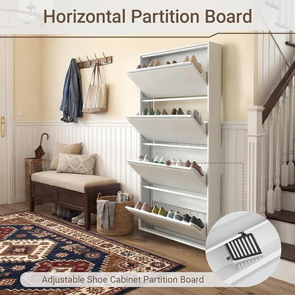Shoe Cabinet with 4 Flip Drawers, Slim Metal Wall-Mounted Shoe Storage Organizer for Entryway, Hallway, Mudroom, Hidden Narrow Rack, White