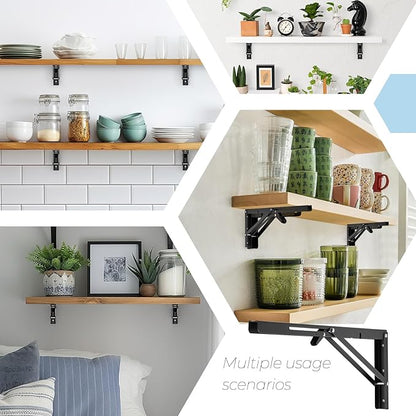 Home Expert 18 Inch Folding Shelf Brackets, 4 Pack (2 Pairs) Heavy Duty Metal Collapsible Wall-Mounted Brackets, Space-Saving DIY Foldable Shelf for Benches and Tables, Matte Black