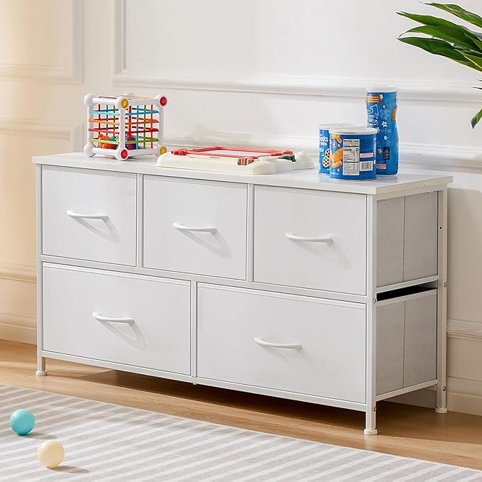 DUMOS Dresser for Bedroom, 5 Storage Drawers, Wide Fabric Closet Chests Organizer Tower Furniture with Wooden Top Metal Frame for Clothes, Guest Room, Living Room, Hallway, Entryway