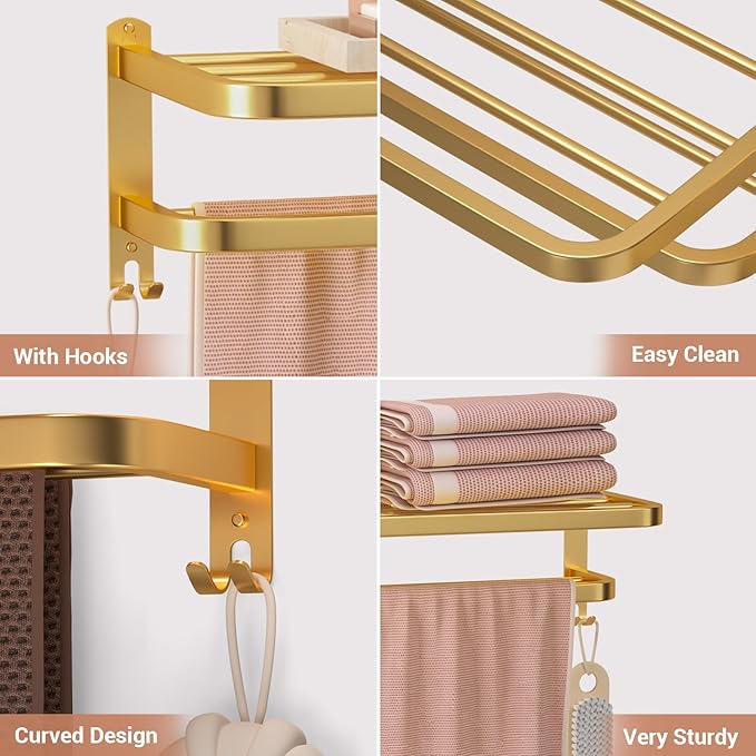 DDS-DUDES 23 Inch Gold Bathroom Towel Rack Towel Shelf with Double Towel Bars Lavatory Wall Mount Holder with Hooks Golden Stainless Steel Hotel Bath Rack