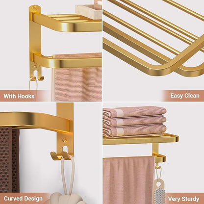 DDS-DUDES 23 Inch Gold Bathroom Towel Rack Towel Shelf with Double Towel Bars Lavatory Wall Mount Holder with Hooks Golden Stainless Steel Hotel Bath Rack