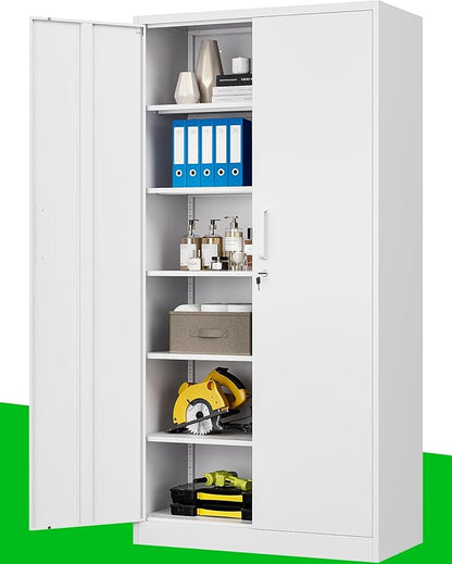 Metal Garage Storage Cabinet, 71-inch Tool Storage Cabinet with Adjustable Shelves & Locking Doors for Garage,Office,Home,School,Gym Storage (White)