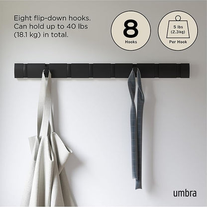 Umbra Flip Wall-Mounted Coat Rack with 8 Hooks – Modern, Space-Saving Storage for Hats, Jackets, Bags, Entryway, Mudroom, Closet, Bathroom, Bedroom – Black