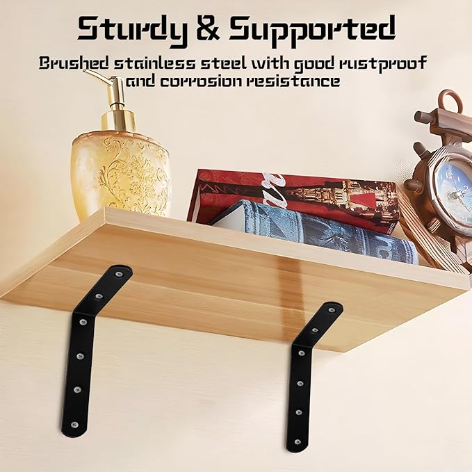 Luomorgo 4 Pcs L Brackets for Shelves, Heavy Duty Stainless Steel L Shaped Bracket, Decorative Corner Brace Joint Right Angle Bracket Wall Hanging with Screws, 5 x 3 Inch, Black