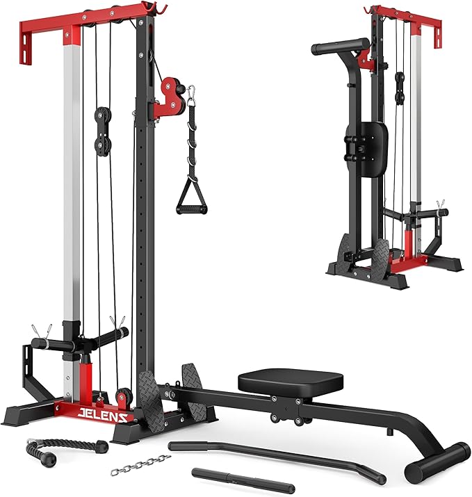 RC01 Foldable LAT Pulldown Machine with Adjustable seat, Wall Mount Cable Station with 16 Adjustable Positions, Cable Machine Home Gym 2 in 1, Functional Trainer with Rowing and LAT Pulldown