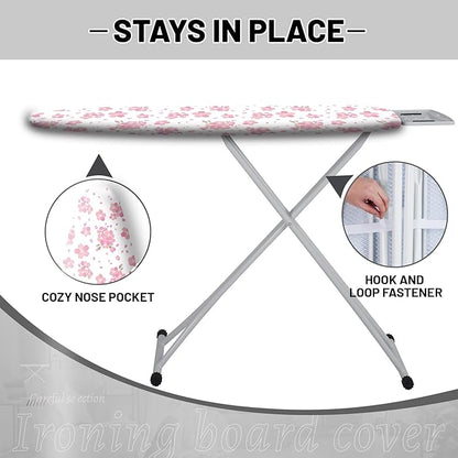 Extra Thick Ironing Board Cover and Pad, Cherry Blossoms 15x54 Ironing Board Cover, Resist Scorching and Staining,Elastic Edges,Pink Floral Leaves Spring Flower White
