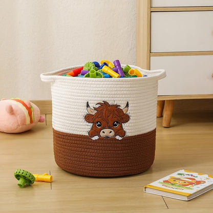 Highland Cow Cute Basket for Nursery, Woven Cotton Rope Storage Basket for Kids, Baby Blanket Organizer with Handles, Storage Basket for Blanket Towel Toys Clothes, Highland Cow Decor, Medium