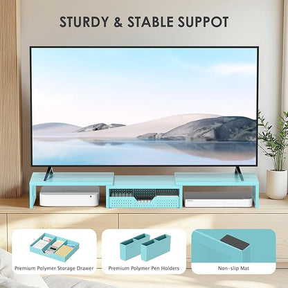 OPNICE Desk Organizers and Accessories, Dual Monitor Stand Riser with Drawer and 2 Pen Holders, Desk Shelf Metal Computer Monitor Stand for Office Workspace Organizers, Desktop Organization (Blue)