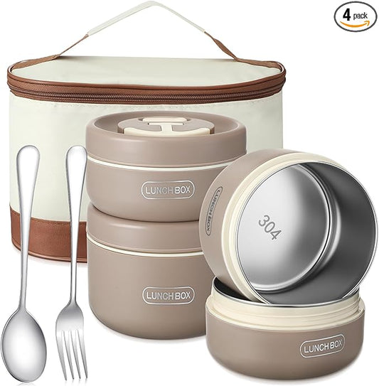 Dandat 4 Pcs Insulated Bento Box Portable Stainless Steel Food Container Round Stackable Leakproof Thermal Food Container for Adult Men Women with Insulated Bag, 74 oz(Khaki)