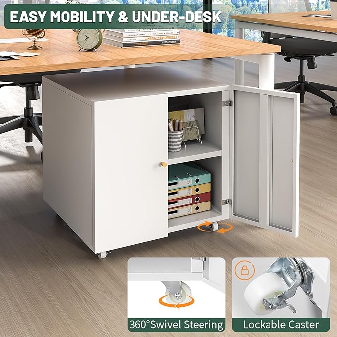 Printer Stand with Storage Cabinet with Wheels,3D Heavy Duty Metal Large Printer Table with Adjustable Shelf for Home Office, Mobile Printer Cart,White,23.6" H