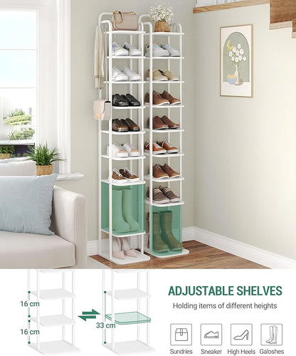 10 Tiers Vertical Shoe Rack, Narrow Shoe Tower, Tall Shoes Shelf with 2 Hooks, Adjustable Shelves, Corner Shoes Shelves for Small Spaces, Entryway, Living Room, White SR11213W