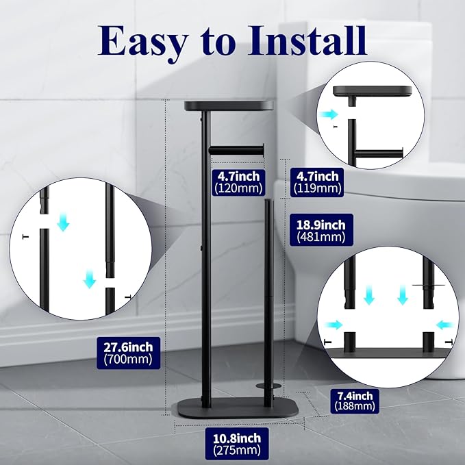 Kitsure Toilet Paper Holder Free Standing – Rustproof Metal Toilet Paper Stand for 4 Rolls with Anti-Slip Base and Shelf for Phone & Small Items, Bathroom Organizers and Storage, Large, Black