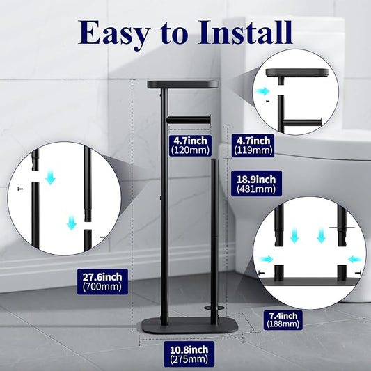 Kitsure Toilet Paper Holder Free Standing – Rustproof Metal Toilet Paper Stand for 4 Rolls with Anti-Slip Base and Shelf for Phone & Small Items, Bathroom Organizers and Storage, Large, Black