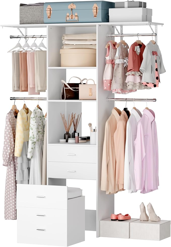 Closet System Set With Concealable Stool, Closet Organizer System With 4 Wood Drawers, Walk-In Closet Storage System, 5 Adjustable Cloth Garment Rack from 3 to 5FT, White