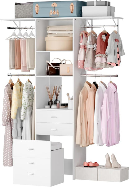 Closet System Set With Concealable Stool, Closet Organizer System With 4 Wood Drawers, Walk-In Closet Storage System, 5 Adjustable Cloth Garment Rack from 3 to 5FT, White