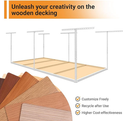 4x8ft Overhead Garage Storage Rack Wooden Decking Not Included, Heavy Duty Metal Rack, Adjustable Ceiling Dropdown, 600lbs Weight Capacity (White)