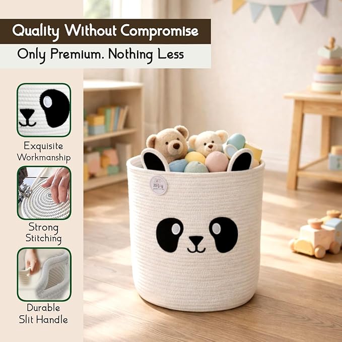 Collapsible Laundry Baskets for Kids & Toy Storage Organizer | Large Panda Woven Cotton Rope Bin for Stuffed Plushies | Cute Animal Face Hamper with Cutout Handles for Nursery, Playroom & more (Panda)