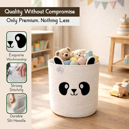 Collapsible Laundry Baskets for Kids & Toy Storage Organizer | Large Panda Woven Cotton Rope Bin for Stuffed Plushies | Cute Animal Face Hamper with Cutout Handles for Nursery, Playroom & more (Panda)