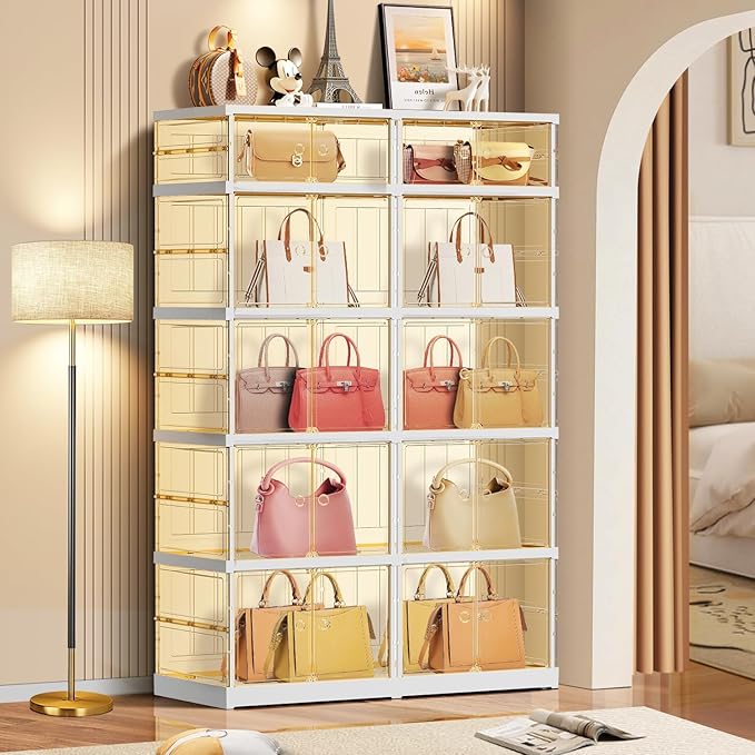 5-Tier Foldable Shoe Rack for Closet Entryway 5-10Pairs,Stackable Clear Shoe Storage Boxes Organizer with Door Plastic Shoe Cabinet Bins with Lids Shoes Shelf Easy Assembly Large