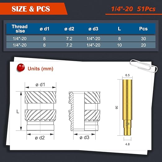 51Pcs 1/4"-20 Threaded Inserts, Female Thread SAE Knurled Nuts Assortment Kit, Brass Heat Set Insert for 3D Printing Plastic Parts (1/4"-20, L8×D8 and L10×D8)