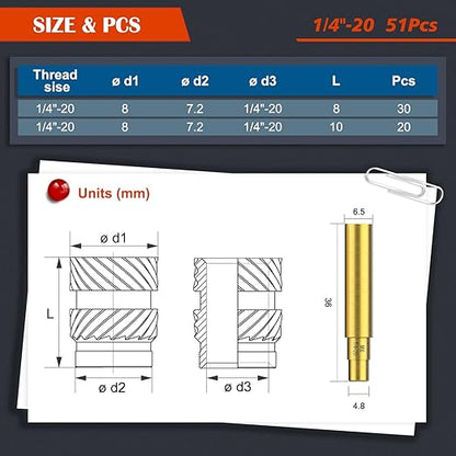51Pcs 1/4"-20 Threaded Inserts, Female Thread SAE Knurled Nuts Assortment Kit, Brass Heat Set Insert for 3D Printing Plastic Parts (1/4"-20, L8×D8 and L10×D8)