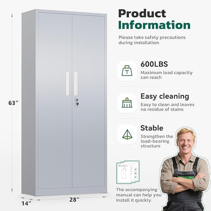 Greenvelly Metal Storage Cabinet, 63" H Locking Metal Storage Cabinet with Doors and 4 Shelves, Lockable Steel Cabinets for Kitchen, Bedroom, Living Room, Office (Dark Grey)