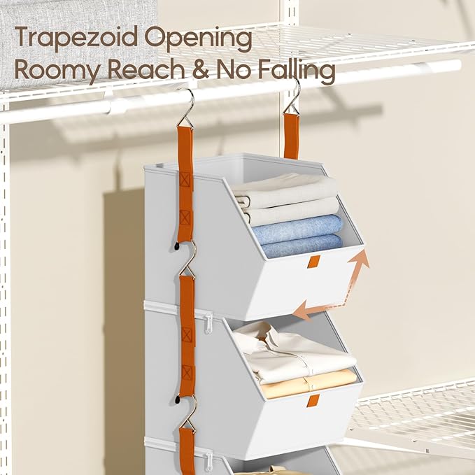 Collapsible Hanging Closet Organizer - 3 Tier Closet Shelves Storage System with Hooks, Fabric Hanging Storage Bins for Clothes, Foldable Storage Basket for Laundry, Bedroom, Rv, White