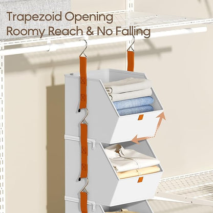 Collapsible Hanging Closet Organizer - 3 Tier Closet Shelves Storage System with Hooks, Fabric Hanging Storage Bins for Clothes, Foldable Storage Basket for Laundry, Bedroom, Rv, White