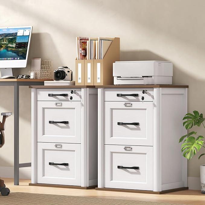3 Drawer File Cabinet with Lock, Wooden Farmhouse Filing Cabinet with Storage Fits Letter and A4 Size, Vertical Printer Stand for Home Office, Walnut and White