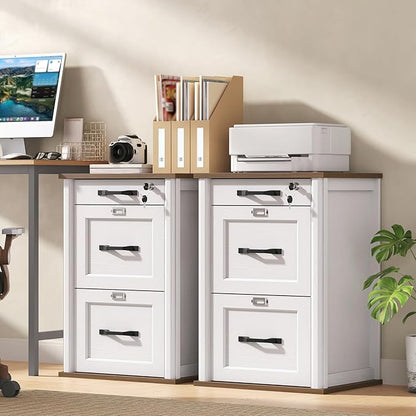 3 Drawer File Cabinet with Lock, Wooden Farmhouse Filing Cabinet with Storage Fits Letter and A4 Size, Vertical Printer Stand for Home Office, Walnut and White