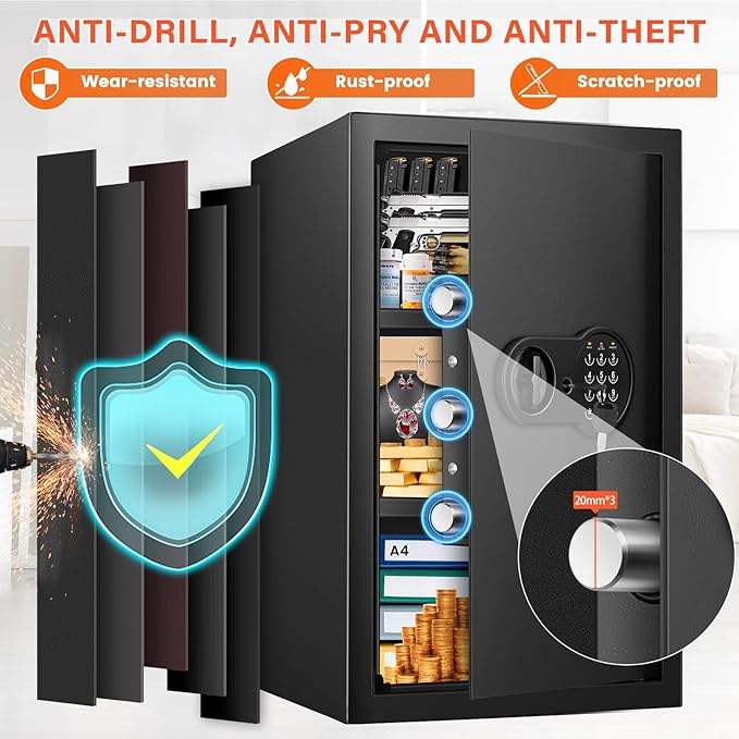 23.62'' Tall Extra Large Home Safe Box, Safe with Fireproof Waterproof Document Bag, Digital Keypad and 3 Removable Steel Shelves, Security Box for Money Medicines Jewelry Valuables