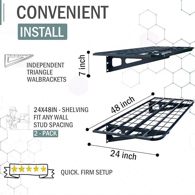 2-Pack 2x4ft Garage Wall Shelving, 2 Shelf Total 8 ft(L) Garage Shelving Wall Mounted – Heavy-Duty Storage Shelves, Perfect for Holding Storage Bins, Sporting Goods, Tools, and More Space-Saving