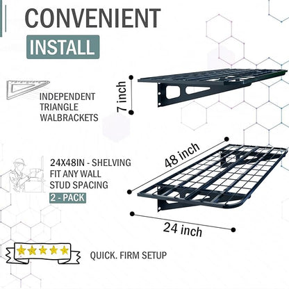 2-Pack 2x4ft Garage Wall Shelving, 2 Shelf Total 8 ft(L) Garage Shelving Wall Mounted – Heavy-Duty Storage Shelves, Perfect for Holding Storage Bins, Sporting Goods, Tools, and More Space-Saving