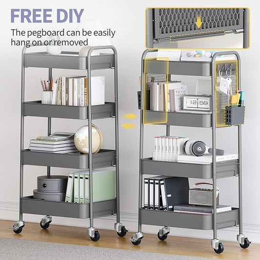 TOOLF 4 Tier Rolling Cart with Pegboard, Metal Storage Organizer Cart with Wheels, Hooks & Bins Esthetician Craft Art Sturdy Storage for Bathroom, Kitchen, Office, Nursery Diaper