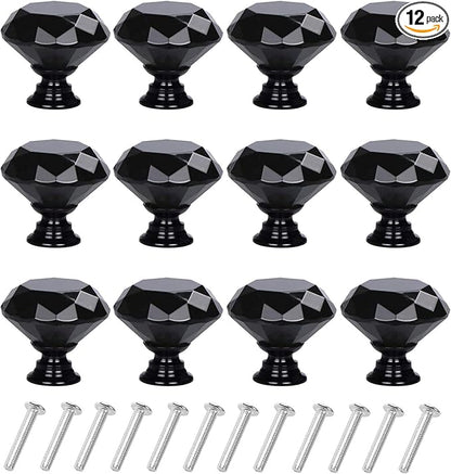YourGift 12 Pack Drawer Knobs Diamond Shaped Crystal Glass 40mm Cabinet Knobs Pull Handles (40 mm, 12 Pack, All Black)