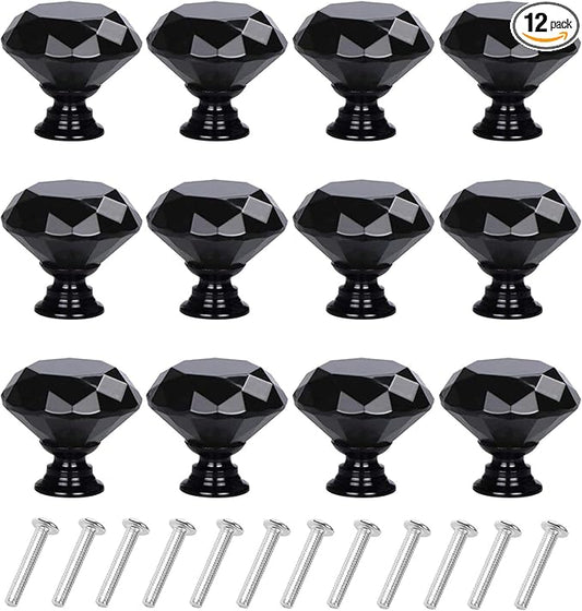 YourGift 12 Pack Drawer Knobs Diamond Shaped Crystal Glass 40mm Cabinet Knobs Pull Handles (40 mm, 12 Pack, All Black)