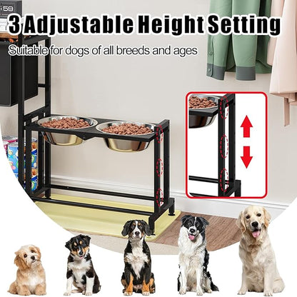 Elevated Dog Bowl Stand with Toy Basket Adjustable Metal Feeding Station Cabinet with Non-Slip Silicone Mat Pet Storage Organizer for Large Medium Small Dogs and Cats Black Include 2 Dog Bowl