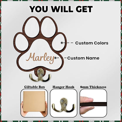 Personalized Dog Leash Holder, Custom Dog Paw Harness Wall Hanger Organizer with Name, Decorative Hooks for Leashes, Keys, Collars, Leash Rack Wall Mount for Entryway, Hallway, Gift for Pet Lovers