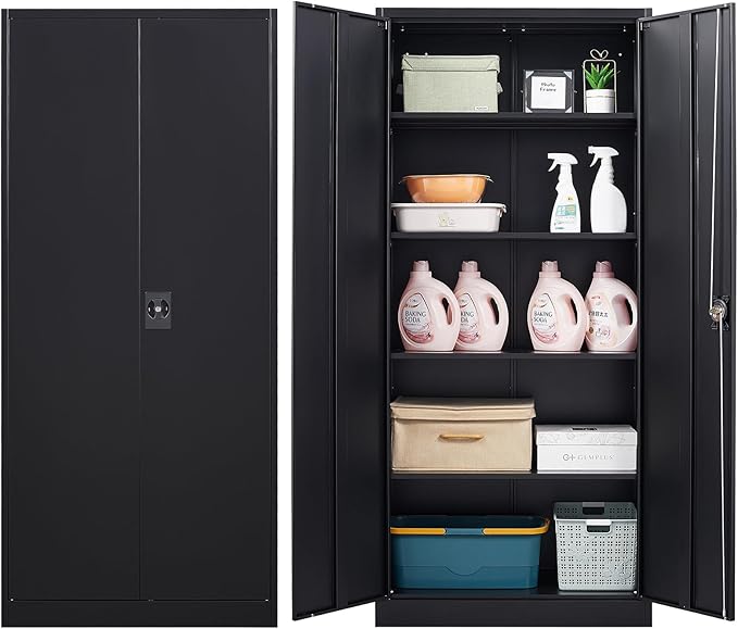 Metal Storage Cabinet with Locking Doors, Tall Cabinets for Home, Office, Warehouse Organizer (Black)