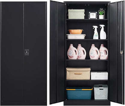 Metal Storage Cabinet with Locking Doors, Tall Cabinets for Home, Office, Warehouse Organizer (Black)
