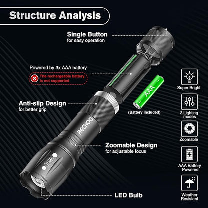 RECHOO 6Pack LED Flashlight, Bright Small Flashlights High Lumens with 3 Modes, Pocket Mini Flashlight Battery Powered, Flash Light Adjustable Focus, Waterproof Flashlights for Home Emergency Camping