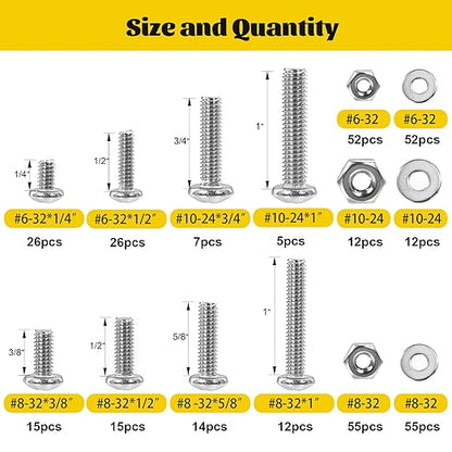 358PCS Machine Screws and Nuts Assortment Kit, #6-32#8-32#10-24 Phillips Pan Head Bolts Assorted, 304 Stainless Steel Nuts Bolts and Flat Washers Set