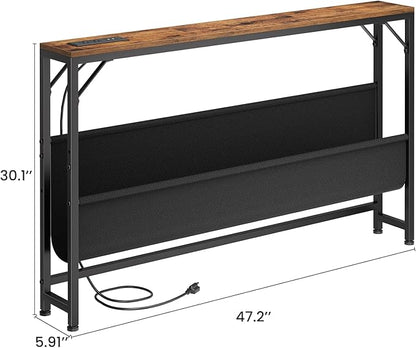 47.2'' Skinny Console Table with Power Outlet, 5.91" Behind Couch Table with Charging Station, Long Sofa Table, Narrow Entryway Table for Living Room, Foyer, Hallway, Rustic Brown