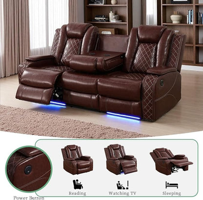 Living Room Furniture Sets, Brown Leather Secitonal Power Recliner Sofa,Power Reclining Sofa Set with 2 Recliner Seats/LED Light/Cup Holder/Storage Console for Living Room/Apartment/Office/RV