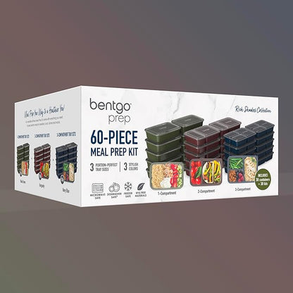 Bentgo Prep 60-Piece Meal Prep Kit - Reusable PFAS & BPA-Free Food Containers, 1-Compartment, 2-Compartment, & 3-Compartments - Microwave, Freezer, & Dishwasher Safe (Rich Shades)