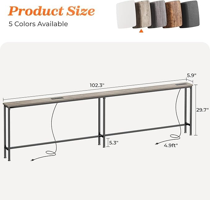 SUPERJARE 102.3 Inch Sofa Table with 2 Power Outlets and USB-C Ports, 5.9 Inch Narrow Console Table with Storage, Extra-Long, for Entryway Hallway Couch Behind Sofa, Small Spaces, Oak