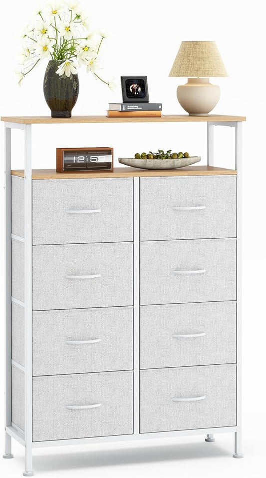 DUMOS TV Stands for Living Room with 8 Drawers, Tall 8-Drawer Chest of Drawers with Raised Shelf, Storage Tower with Fabric Bins for Organization, Hallway Storage, Light Grey