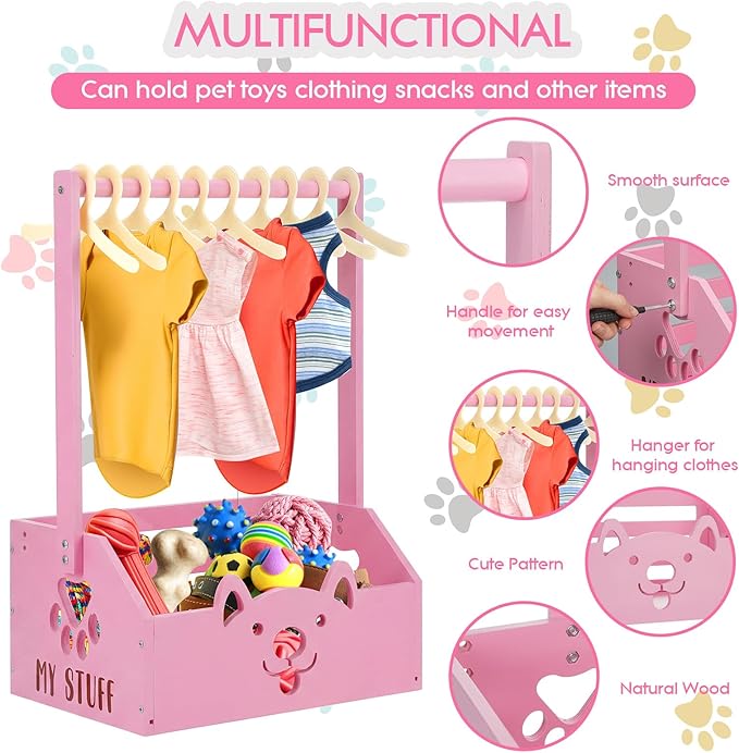 Chunful Dog Closet Wooden Pet Wardrobe Closet Dog Toy Storage Bin with Handle Pet Clothes Rack for Cat Organization and Storage Accessories, 19" x 13" x 9"(Pink)