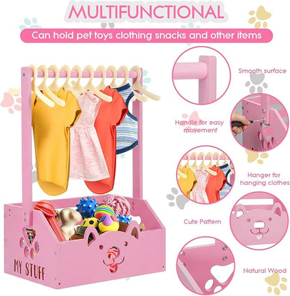 Chunful Dog Closet Wooden Pet Wardrobe Closet Dog Toy Storage Bin with Handle Pet Clothes Rack for Cat Organization and Storage Accessories, 19" x 13" x 9"(Pink)