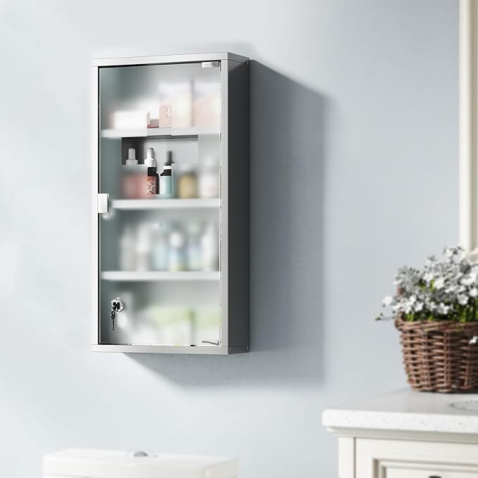 HOMCOM Wall Mounted Medicine Cabinet, Locking Wall Cabinet with 4 Tier Shelves, Stainless Steel Frame and Glass Door, Lockable with 2 Keys, Silver, 12" x 24"
